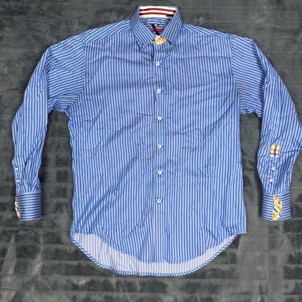 Robert Graham Mens Blue White Striped Button Down Shirt Size Medium Long Sleeve